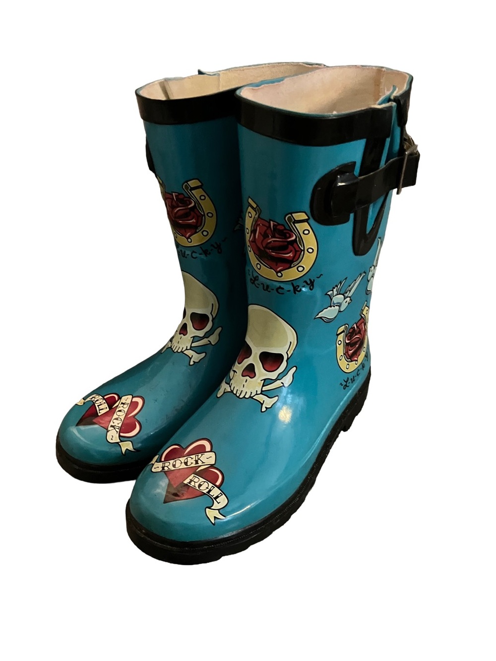 IN GREAT CONDITION!CHOOKA “TATTOO CITY” ROCK N’ ROLL WATERPROOF RAINBOOTS SIZE 6